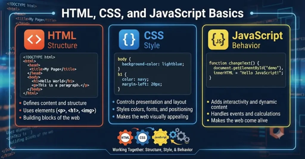 HTML, CSS, and JavaScript Basics: A Complete Beginner’s Guide to Modern Web Development html, css, and javascript basics
